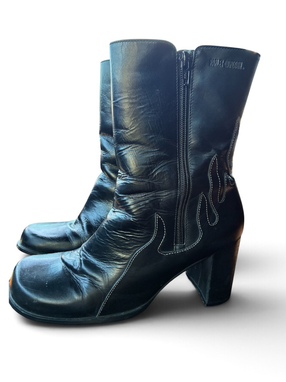 Harley-Davidson Black Leather Mid-Calf Heeled Boots with Flame Stitch